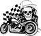 vector monochromatic illustration of custom Motorcycle with woman skull and race flag