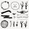Vector monochrome decoration set with arrows, feathers, floral frames, borders, ribbons, branches.