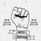 Vector monochrome illustration of clenched fist held high in protest