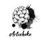 Vector monochrome illustration of hand drawn artichokes with ink splashes. Sketch of head of cabbage healthy vegetables with