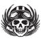 Vector monochrome illustration on a motorcycle theme with skull, wings and piston