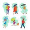 Vector monochrome people walking rain umbrella