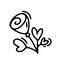 Vector monoline flower with hearts. Valentines Day Hand Drawn icon. Holiday sketch doodle Design plant element valentine