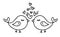 Vector monoline two birds with hearts. Valentines Day Hand Drawn icon. Holiday sketch doodle Design plant element