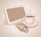 Vector morning with coffee and tablet. canvas texture