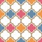 Vector moroccan repeat seamless pattern. Pink, yellow and blue with gold beige line on white background.