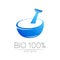 Vector mortar and pestle blue symbol logo. Ecology icon concept for medicine, vegetarian, therapy, pharmacology and