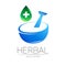 Vector mortar and pestle blue symbol logo with green cross and drop. Ecology icon concept for medicine, vegetarian