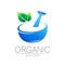 Vector mortar and pestle blue symbol logo with green leaf. Ecology icon concept for medicine, vegetarian, therapy