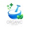 Vector mortar and pestle blue symbol logo with green leaves and cross. Ecology icon concept for medicine, vegetarian