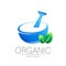 Vector mortar and pestle blue symbol logo with green leaves. Ecology icon concept for medicine, vegetarian, therapy