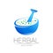 Vector mortar and pestle blue symbol logo. Herbal icon concept for medicine, vegetarian, therapy, pharmacology and