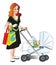 Vector of mother holding shopping bags and pushing her baby in pram