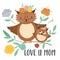 Vector Mothers Day card with cute boho animal. Pre-made design with woodland baby bird with mother. Bohemian style poster with owl