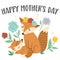 Vector Mothers Day card with cute boho elements. Pre-made design with woodland baby fox with mother. Bohemian style poster with