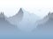 Vector mountain landscape illustration with high mountains peak in morning haze, fog, mist. Forest valley foreground.