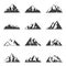 Vector mountain set. Simple black and white icons or design templates. Travel, hiking, camping theme.