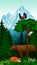 Vector mountains woodland green forest trees backlit with bear, red fox, rabbit, barn owl and wood grouse