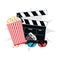 Vector movie icon, clapperboard, 3D glasses, tickets.