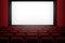 Vector movie theatre background with white screen red curtains and chairs.