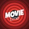 Vector movie time background with cinema Red Curtains and projector lights. Movie backdrop with text