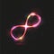 Vector multicolored yellow and pink transparent magic glowing light infinity sign swirl trail on black background. Angled neon