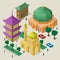 Vector multicultural cityscape. Set of isometric objects. Building, mosque, temple, pagoda, benches, trees, cars and people