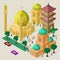 Vector multicultural cityscape. Set of isometric objects. Building, mosque, temple, pagoda, benches, trees, cars and people