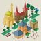 Vector multicultural cityscape. Set of isometric objects. Buildings, mosque, temple, pagoda, benches, trees, cars and people