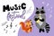 Vector music card with cartoon animals musicians playing musical instruents. Cute illustration