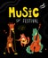 Vector music poster with animals musicians. Giraffe, cat and crocodile playing musical instruments.