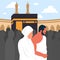 Vector of a muslim husband and wife doing tawaf around the kaaba