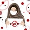Vector Muslim woman wearing hijab veil holding white pape with Covid-19 warning, Cartoon islam girl with Novel coronavirus is