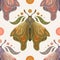 Vector mystical seamless pattern with moths, leaves and moons on white background. Gentle colorful texture with butterflies