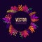 Vector natural illustration in trendy flat style with gradient vibrant colored exotic plants, flowers, leaves and place for text.