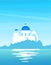 Vector nature landscape of Greek with view on the coast. Church with blue domes on a sunny day