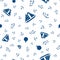 Vector nautical design with blue sailing boats, anchors and buoys. Seamless repeat pattern on white background. For