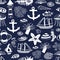 Vector Nautilus seamless pattern with anchor, shell, ships, star fish, life ring, coral, light house