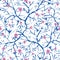 Vector navy blue, pink, and white blooming sakura bracnhes painted texture. Seamless repeat pattern background. Great