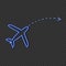 Vector neon airplane icon with arrow, travel concept, glowing blue sign isolated on dark transparent background.