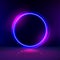 Vector neon gloving ring in dark room. Round light frame for text. Dark abstract furistic background with circle gate