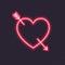 Vector Neon Heart with Cupid Arrow, Wedding Glowing Colorful Design Element Isolated on Dark Brick Wall Background.