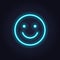 Vector neon icon for mood feedback. Blue happy glowing light emotion smile isolated on black. Emoticon element of UI design for