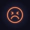 Vector neon icon for mood feedback. Orange bad glowing light emotion smile isolated on black. Emoticon element of UI design for
