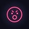 Vector neon icon for mood feedback. Red anger glowing light emotion smile isolated on black. Emoticon element of UI design for