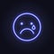 Vector neon icon for mood feedback. Violet crying with tear glowing light emotion smile isolated on black. Emoticon element of UI