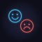 Vector neon icon set for mood tracker. Blue positive and red negative lamp illuminated emotion smile isolated on black. Emoticon