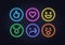 Vector neon icon set for social media. Thumb up, heart and smiles illuminated glowing symbols in circle frame isolated on black.