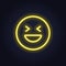 Vector neon icon for social media. Yellow cheerful laughing happy glowing shine symbol in circle frame isolated on black. Emoticon