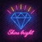 Vector neon lamp signboard with diamond. Shine bright gem banner on brick wall background